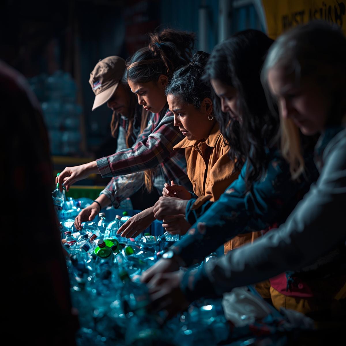 crea una imagen de personas reciclando botellas pet